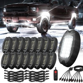 16 Pods Alloy Pure White LED Rock Lights for Trucks Trailer Offroad Pickup Boats Fender, IP68 Waterproof Shockproof 6500K 24LEDs Super Bright Aluminum White Underglow Kit with Switch Wiring Harness