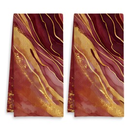 Fuasei Abstract Red and Gold Marble Kitchen Towels Set of 2, Luxury Modern Decorative Hand Towels for Bathroom, Gold and Red Textured Dish Towels Tea Towels for Kitchen, 16x24 Inch