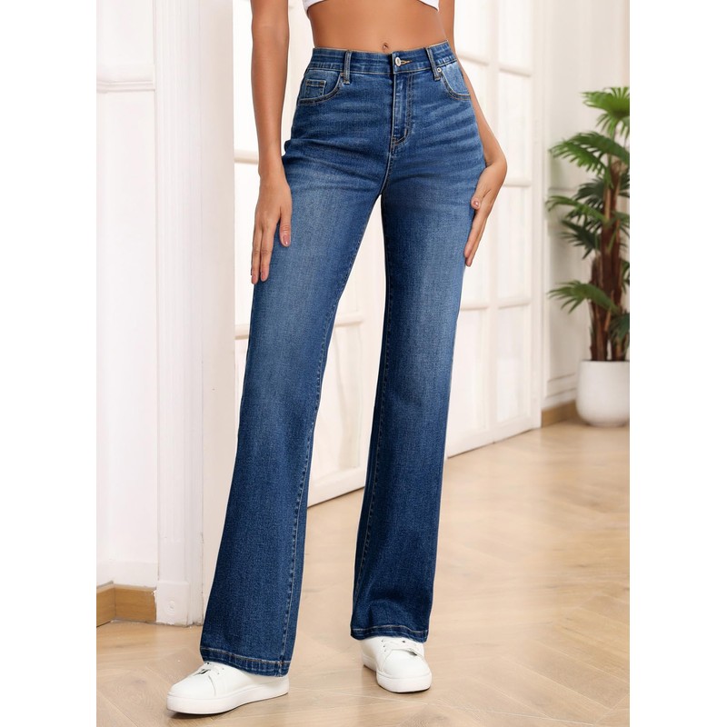 Sidefeel Women's Straight Leg Jeans High Waisted Stretchy Elastic Waist