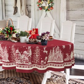 Oval Christmas Tablecloth 60 x 120 In,Christmas Tree Elk Santa Snowflake Red Christmas Tablecloth,Polyester Waterproof Wrinkle Resistant Durable Table cloth for Holiday,Kitchen,Winter and Home Decor