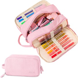 Nuozme 3 Compartment Pencil Case, Extra Large Capacity School Supplies Pencil bag with Easy Handle, Soft Corduroy Pencil Pouch, Aesthetic Supply Pen Case Bag Organizer For Teen Girls College (Pink)