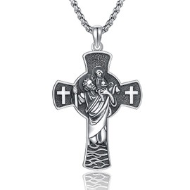 TwoAnts St Christopher Necklace for Men 925 Sterling Silver Cross Amulet Pendant Necklace Christian Jewellery Gifts for Women