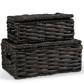 Wicker Basket with Lid - Decorative Storage Boxes for Home Decor, Shelves - Woven Basket with Lid - Wicker Decor - Rattan Box - Decorative Bins with Lids (Black)