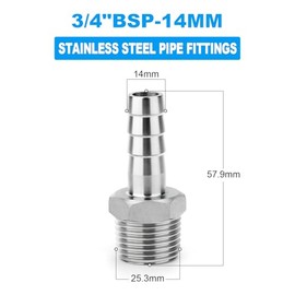 ERGAOBOY ERGAOBOY 2 Pcs 304 Stainless Steel 14 MM Barb to 3/4" BSP Male Hose Barb Fittings, Compression Fitting for Water, Industrial