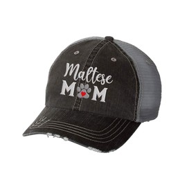 Trenz Shirt Company Women's Embroidered Dog Mom Distressed Baseball Cap, Black/Grey-Maltese