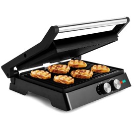 SUSTEAS 2in1 Panini Press Sandwich Maker and 304 Stainless Steel Electric Indoor Grill with Temperature Time Setting, Easy Clean Nonstick Grids, Opens 180°/105° to Fit Any Type or Size of Food,1400W