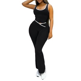 XZLUFNY Gym Clothes for Woman Sleeveless V Neck Color Block Yoga Sport Top and High Waisted Gym Bell Bottoms Black S