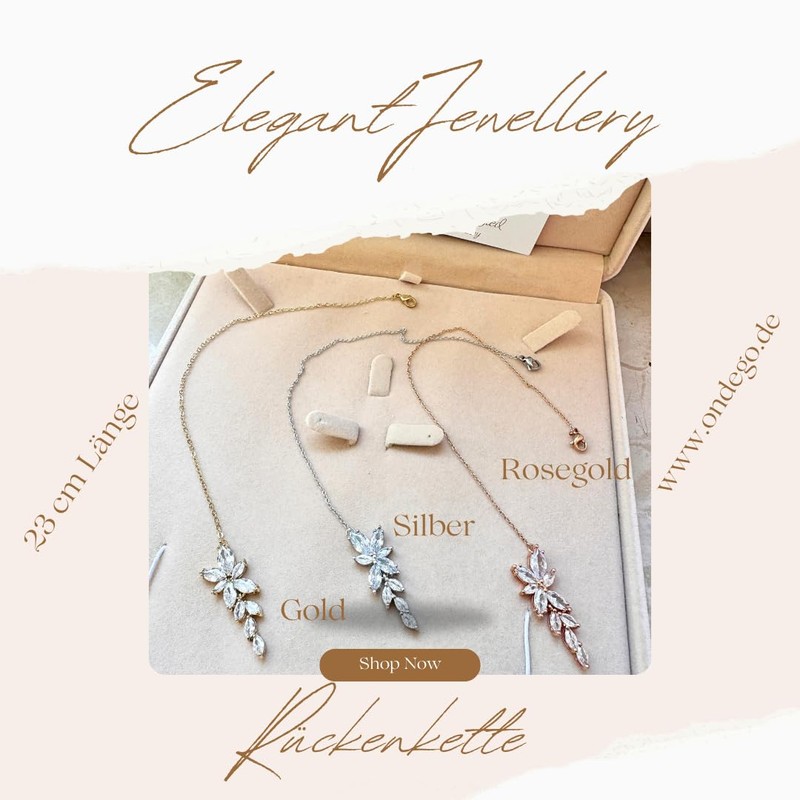 ONDEGO® Elegante Rückenkette mit Zirkonia-Blätter, 23cm, Karabinerverschluss, Silber/Gold/Roségold (Silber)