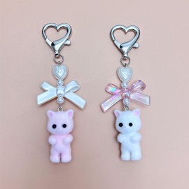 nocoeed Cute Cat Keychain Fuzzy Cat Keychain Accessories Aesthetic Y2K Heart Bow Decor Charms for Bag Cute Pendent Women Gifts (Pink+White)