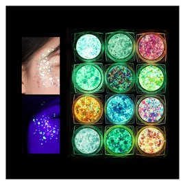 Fluorescent Sequin, 12 Colours Fluorescent Glitter Make-Up Glitter Sequins, Glitter Holographic Sequins Set, Glow in the Dark Chunky Festival Glitter Gel for Face, Nails, Body, Hair