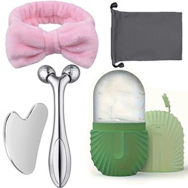 Juego de 5 herramientas de masaje facial, placa raspadora de acero inoxidable y rodillo 3D, bandeja de hielo de silicona: herramienta reutilizable de compresas frías faciales, no requiere elec (Green)