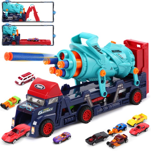 FORMIZON 8-in-1 Car Transport Toy Car for Boys, Truck Toy Set with Dart Fire Function, Portable Race Track with 8 Mini Cars, Creative Gifts for Children Boys 4 5 6 7 Years