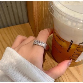 IMINI Dainty CZ Baguette Open Adjustable Ring Crystal Cubic Zirconia Princess Cut Rectangle Stacking Statement Finger Bands Eternity Rings Luxury Jewelry Gifts for Women Girls BBF Birthday (Silvery)
