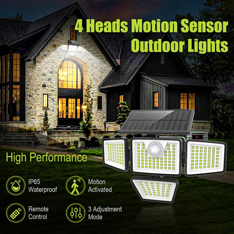 daphino 3000LM Solar Lights Outdoor with Motion Sensor,4 Head 270°