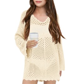 Girl Cover Up Crochet Swimwear V Neck Knit Long Sleeves Summer Beachwear Cover Tops Apricot