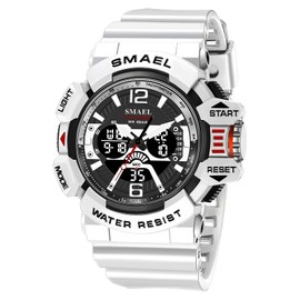 Boosns Mens Watch, Sport Digital Military Waterproof Watches LED Outdoor Dual Time Fitness Watches (White)