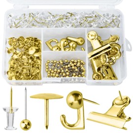 AccEncyc Gold Push Pin Kit 310 Pcs Decorative Thumb Tacks with Push Pin Hook Pushpin for Cork Board Bulletin Board Office Wall - 5 Style
