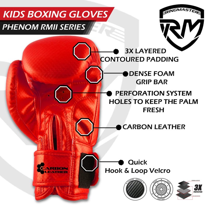 RingMaster Sports Kids Boxing Gloves Carbon Leather Training Sparring Punch