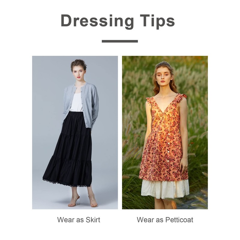 BEAUTELICATE Petticoat, Cotton, Lace, Non-See-through Skirt, Ruffle, Anti-Static, Knee-Length, Maxi,