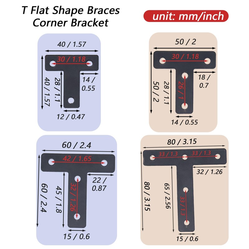 Joyangy 20pcs T Flat Shape Braces Corner Bracket, 60x60 mm