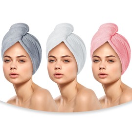 Raganet, Set de 3 Toallas para el Cabello de Microfibras, Secado Rápido, Gorros Ultra Absorbentes para Pelo y Comodos, Incluye 3 Piezas 1 de Cada Color (Gris, Blanco y Rosa)