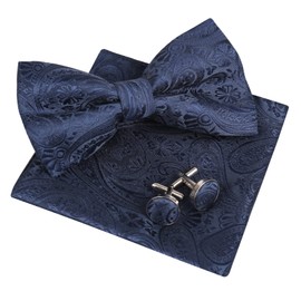 Alizeal Mens Paisley Bow Tie, Pocket Square, Cufflinks Set (Dark Navy)
