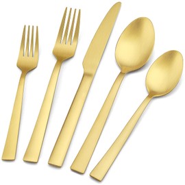 20-Piece Matte Gold Silverware Set, E-far Stainless Steel Flatware Set Service for 4, Metal Cutlery Eating Utensils Tableware Includes Forks/Spoons/Knives, Square Edge