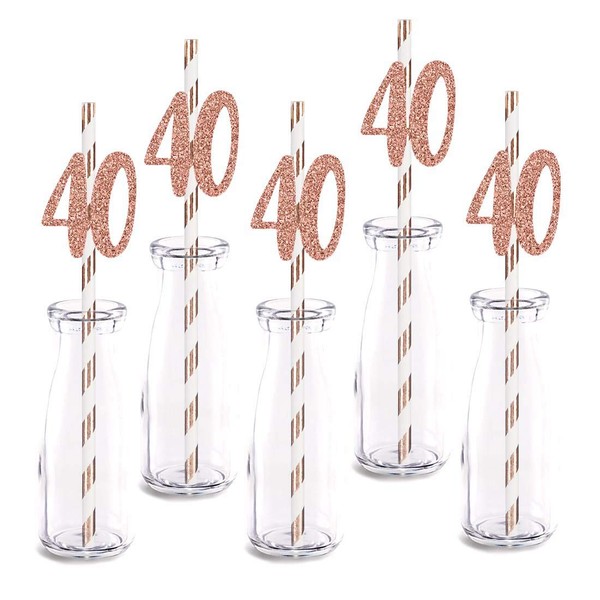 Rose Happy 40th Birthday Straw Decor, Rose Gold Glitter 24pcs Cut-Out Number 40 Party Drinking Decorative Straws, Supplies