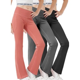 Girls Flare Leggings Bootcut Yoga Pants for Youth with Pocket Bell Bottom High Waist Athletic Workout Tights 3 Pack