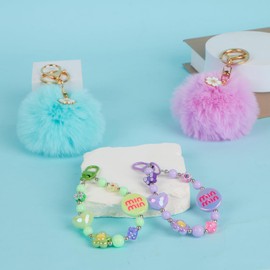 Kawuwa 4 Pieces Cute Keychains for Girls Accessories for Backpack Bracelet Wristlet Keychain Beaded Bangle Key Chains (Pompon Series)