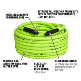 Flexzilla Air Hose, 1/2 in. x 100 ft., 1/2 in. MNPT Fittings, Heavy Duty, Lightweight, Hybrid, ZillaGreen - HFZ12100YW4