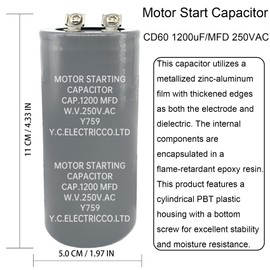 CD60 Motor Starting Capacitor 1200uF 1200 MFD 250VAC, 50/60Hz Round Start Capacitor with Screw Terminals, High Torque for Heavy Duty Air Compressor, Hoist and Industrial Machinery (1-Pack)