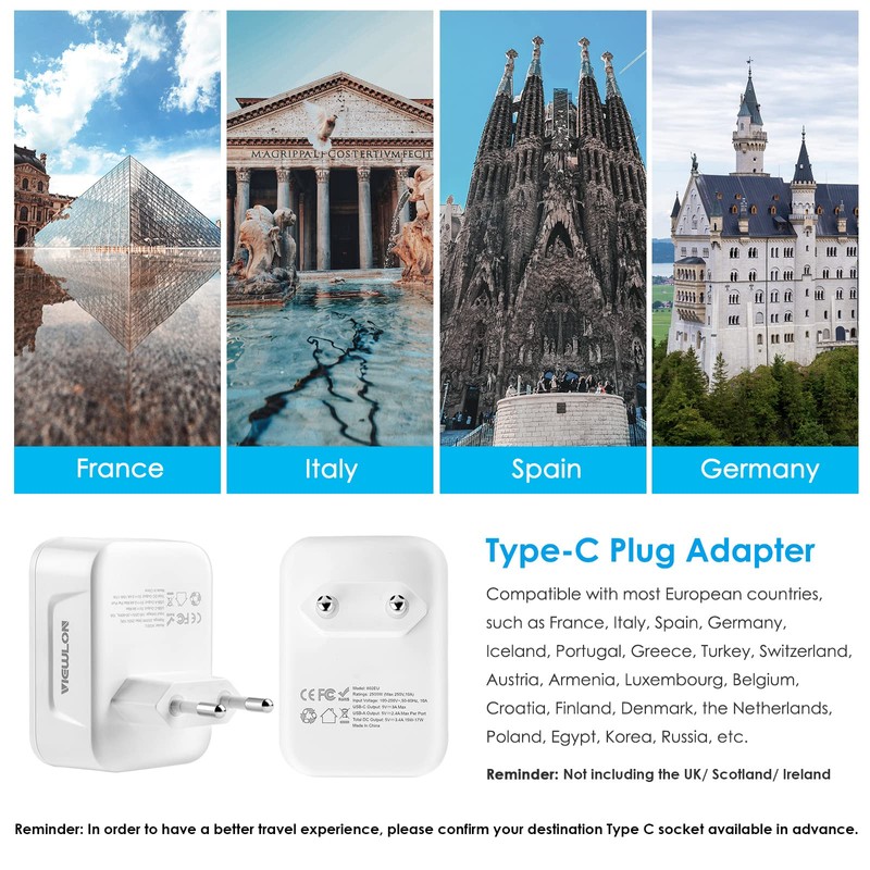 VIEWLON European Plug Adapter Canada US to Europe Travel Essentials,