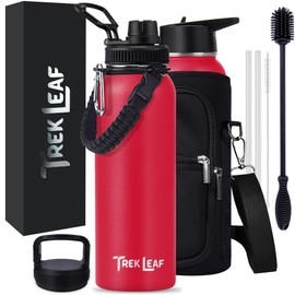 Trek Leaf Travel Water Bottle with Carrying Bag, 3 Lids (Spout, Straw, Handle), and Bottle Brush; Leak Proof, Quality, Vacuum Insulated, Stainless Steel (Red, 40 oz)