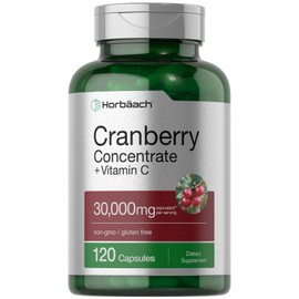 Horbäach Cranberry Concentrate Extract Pills + Vitamin C | 30,000mg | 120 Capsules | Supplement for Women and Men | Triple Strength Ultimate Potency Formula | Non-GMO and Gluten Free