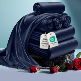 DECOLURE Satin Bed Sheets - 6 Piece Luxury Silky Queen Size Bedding Set - Softer Than Silk, Wrinkle-Free with 15” Deep Pocket Fitted Sheet, Perfect for Hair & Skin, Gifts for Women (Navy Blue)