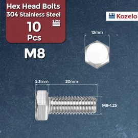 Kozelo 10 Pcs Hex Head Screws Bolts - [M8-1.25x20] 304 Stainless Steel Grade A2-70 Fully Threaded Hex Tap Metric Hexagon Head Machine Bolts Right Hand External Hex Drive, Silver