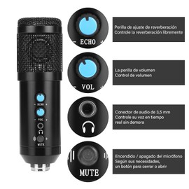 TXG Micrófono Condensador, Micrófono USB con Tripié, Microfono con Soporte para PC,Ideal para Videoconferencias, Podcasts, Videoblogs y más