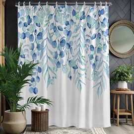 KAIRA Fresh Style Blue Eucalyptus Shower Curtain, Watercolor Plant Leaves with Floral Bathroom Shower Curtain,72 x 72 Inches, Easy to Clean Waterproof Polyester Fabric Includes 12 Hooks