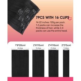 Youngsmile Human Hair Clip in Hair Extensions, 18 Inch 120g 7pcs, #1 Jet Black Rallonge Cheveux Humain Thick End Clip in Real Hair Extensions Easy To Install for Full Head (CLIP#1-18Inch)