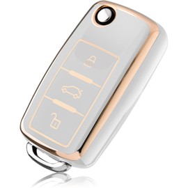 PANPHEN Car Key Cover Compatible with VW polo, Key Protective Case for VW Golf 4/5/6, Skoda, Seat, 3 Buttons TPU car key case (Gold Edge-White)