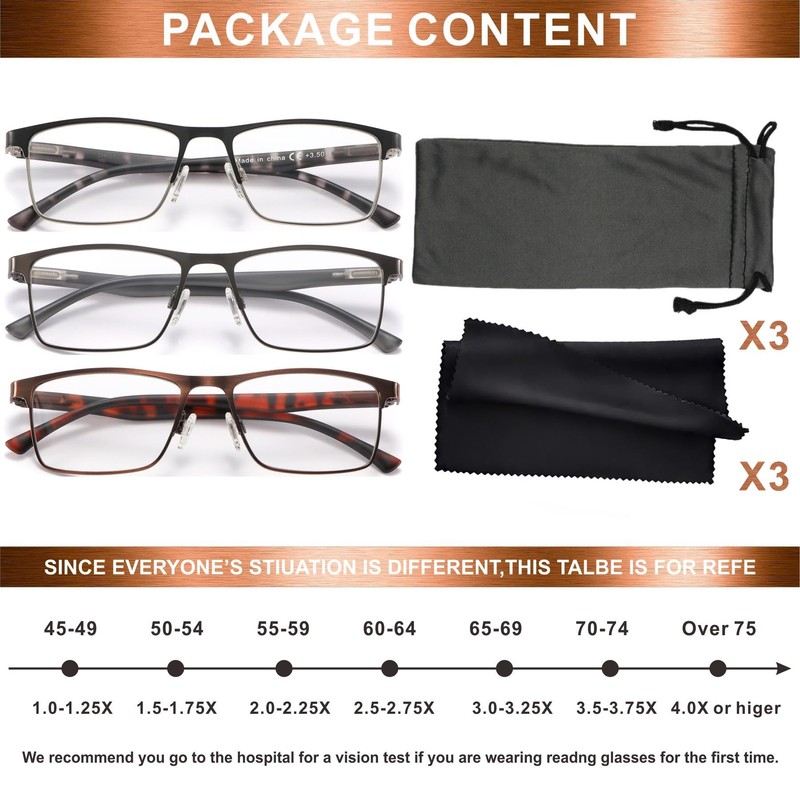 acavefox 3 Pack Reading Glasses Men Readers Blue Light Blocking