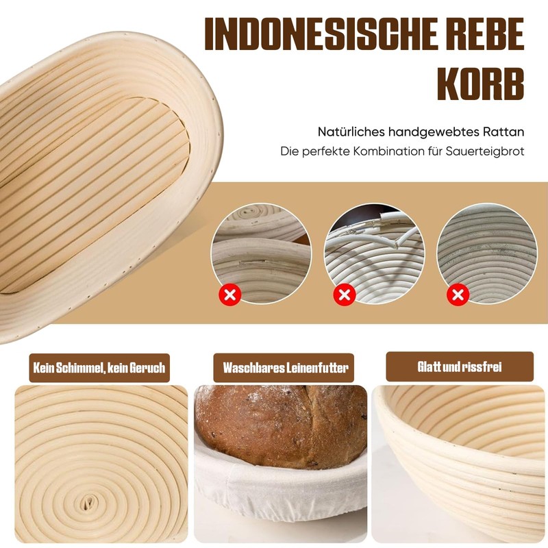 Kixiyou 10-Piece Proofing Basket Bread Set, 25 cm Oval Natural