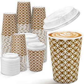 Ginkgo 100 Pack Disposable Coffee Cups with Lids 12 oz, Minimalist Pattern To Go Paper Coffee Cups, Hot Chocolate CoCoa Cups Suitable for Travel, Party, Shops Cafes and Daily use