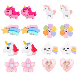 Chutoral 8 Pairs Kids Clip On Earrings for Girls, Princess Earrings Clip on Jewelry Dress Up Earrings Unicorn Clip On Earrings for Kids Girls