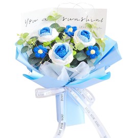 Phaicoilo Crochet Rose Flower Bouquet: Completed Crochet Flowers for Mother's Day Birthday Home Decor (Blue)