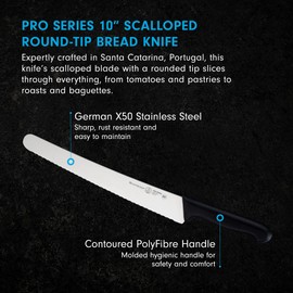 Messermeister Pro Series 10” Scalloped Round-Tip Bread Knife - German X50 Stainless Steel & NSF-Approved PolyFibre Handle - 15-Degree Edge, Rust Resistant & Easy to Maintain - Made in Portugal