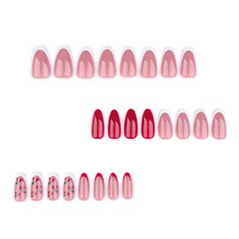 LPOODDNU Almond Press on Nails Medium Fake Nails Red Cherry Design Glue on Nails White French Tip False Nails Full Cover Pink Acrylic Nails Glossy Stick on Nails Artificial Nails for Women Manicure
