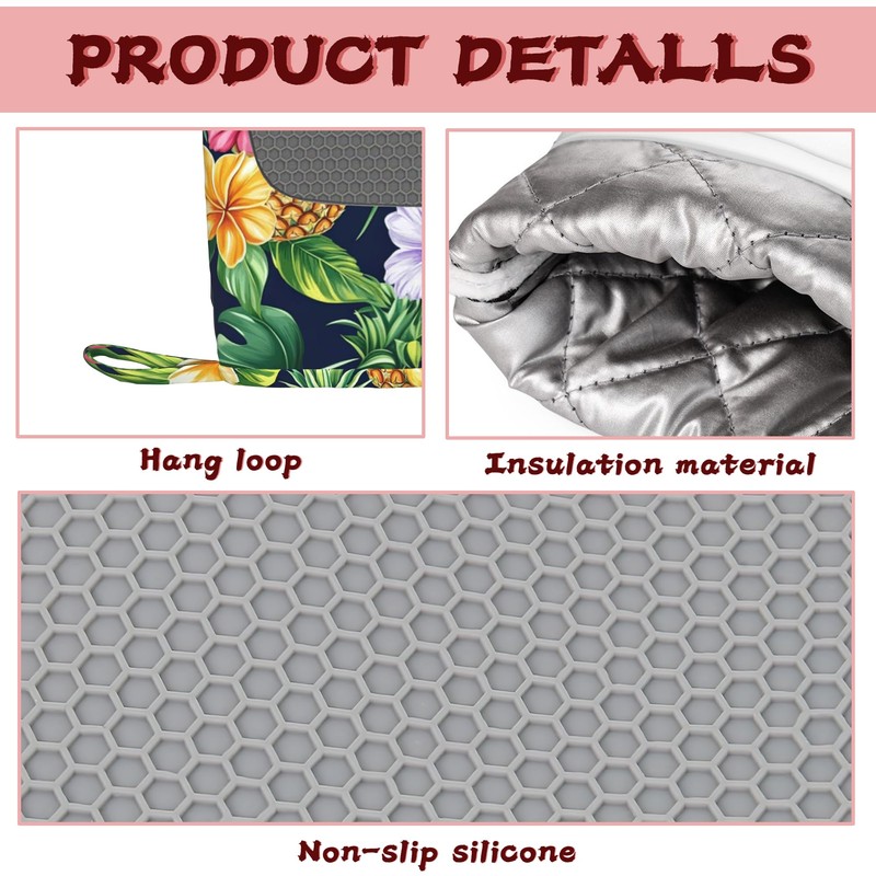 Pineapple Heat-Resistant Silicone Oven Mitts and Pot Holders,Hawaiian Tropical Palm