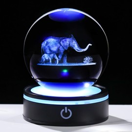 YWHL 3D Elephant Crystal Ball Figurine with Colorful Light Base, Elephant Gifts for Mom Women Men Elephants Lovers, Decorative Elephants Ball Glass Animal Globe Night Light for Home Decor (80mm)